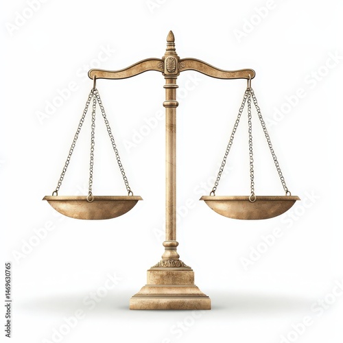 A classic golden balance scale symbolizing justice, equality, and fairness on a white background.