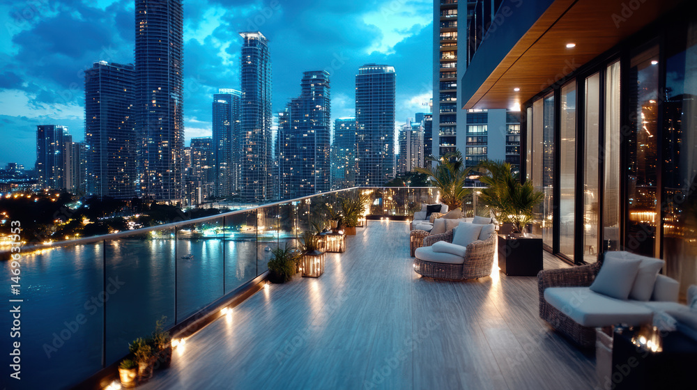 Obraz premium Stunning rooftop view showcases urban skyline night, with city lights reflecting water