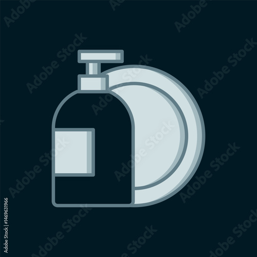 Line Dishwashing liquid bottle and plate icon isolated on black background. Liquid detergent for washing dishes. Flat filled outline style with shadow. Vector