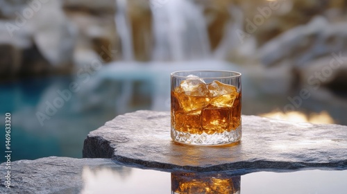 A refreshing glass of whiskey with ice cubes rests on a stone ledge near a blurred waterfall, evoking a sense of relaxation and luxurious tranquility now.