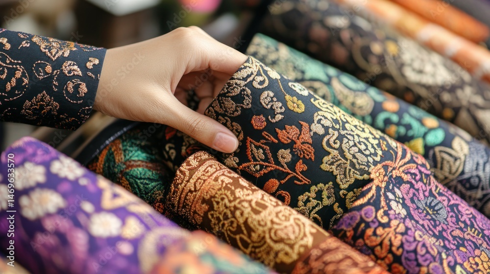 Fototapeta premium Hand selecting vibrant batik fabric. Rows of patterned textiles