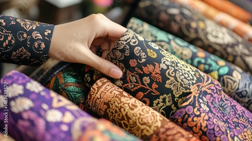 Obraz na płótnie Hand selecting vibrant batik fabric. Rows of patterned textiles