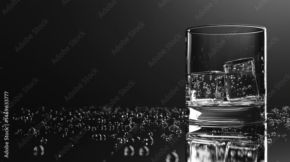 Fototapeta premium A low-key shot presents a clear glass with ice cubes and small water droplets, reflecting on a glossy black surface against a dark and moody background tone.