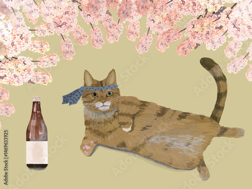 春お酒ラベルベージュ茶トラ猫_横