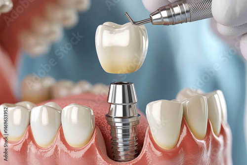 The dentist is placing a ceramic or titanium post into the patient's jawbone as a foundation for dental implants. photo