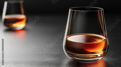 Two glasses of amber liquor reflecting light sit on a smooth dark surface, creating an elegant and inviting atmosphere for a relaxing evening drink.