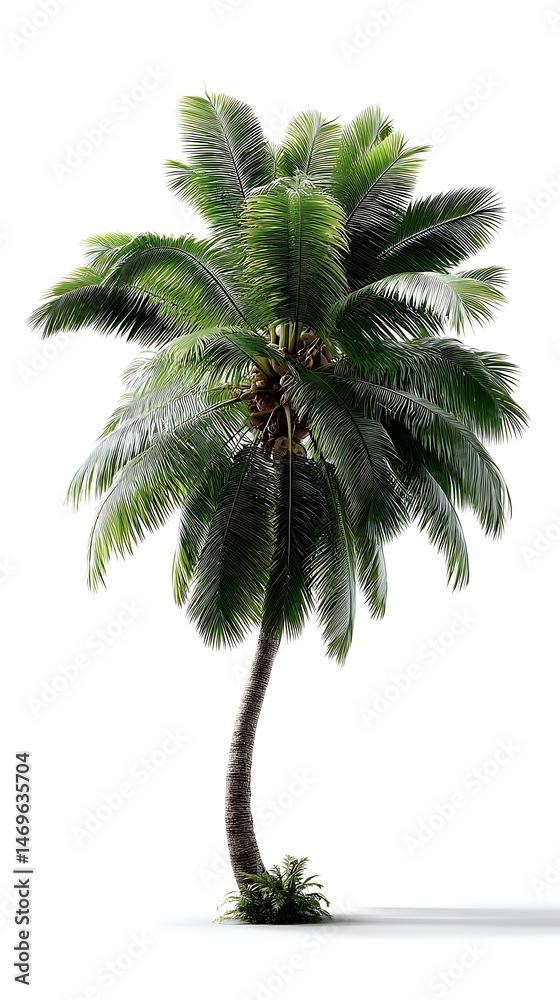 Fototapeta premium Tropical palm tree with curved trunk and green foliage elegant coconut palm vibrant greenery graceful environment