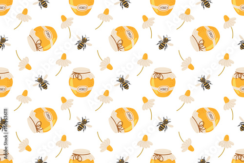 Colorful pattern featuring honey jars, bees, and flowers on a white background