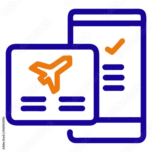 Online booking icon with smartphone and flight ticket in outline with color fill style.