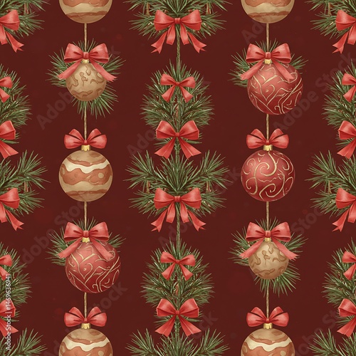 Crimson Christmas: Elegant Ornate Ornaments & Pine AI Generated