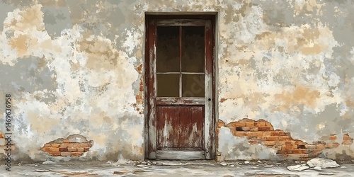 Old weathered door in decaying wall, perfect for backgrounds and textures