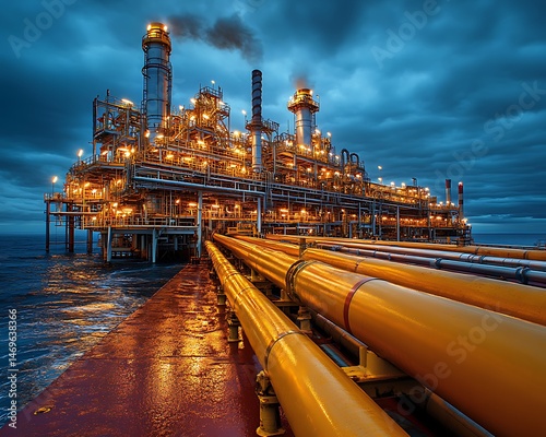 Illuminated offshore oil platform at twilight.
