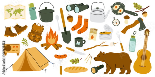 Camping gear and essentials arranged on a white background for outdoor adventure planning