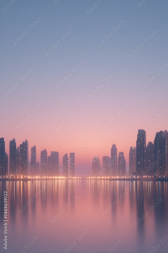 Obraz premium close-up of dubai iconic skyline at dusk enveloped in soft light with prominent architectural structures