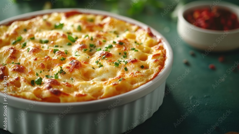 Golden baked macaroni and cheese is displayed in a white ceramic dish, garnished with fresh herbs and served with a side of colorful peppercorns and greens. Golden baked macaroni and cheese is displayed in a white ceramic dish, garnished with fresh herbs and served with a side of colorful peppercorns and greens.