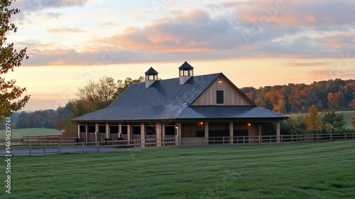 Modern barn at sunrise with fall foliage in background.