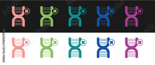 Set No GMO icon isolated on black and white background. Genetically modified organism acronym. Dna food modification. Vector