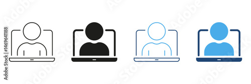 Person On Laptop Screen Line And Solid Icon Set. Virtual Meeting, Online Communication, Remote Work Silhouette Symbol Collection. Digital Interaction And Connectivity. Isolated Vector Illustration