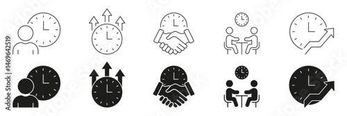 Business Time Management And Productivity Line And Solid Icon Set. Efficiency, Collaboration, And Growth Symbol Collection. Includes Clocks, People, And Arrows. Isolated Vector Illustration