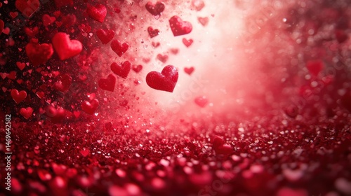 Red hearts falling on a glitter background. Romantic and dreamy Valentine's Day image.