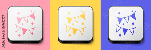 Isometric Carnival garland with flags icon isolated on pink, yellow and blue background. Party pennants for birthday celebration, festival and fair decoration. Square button. Vector