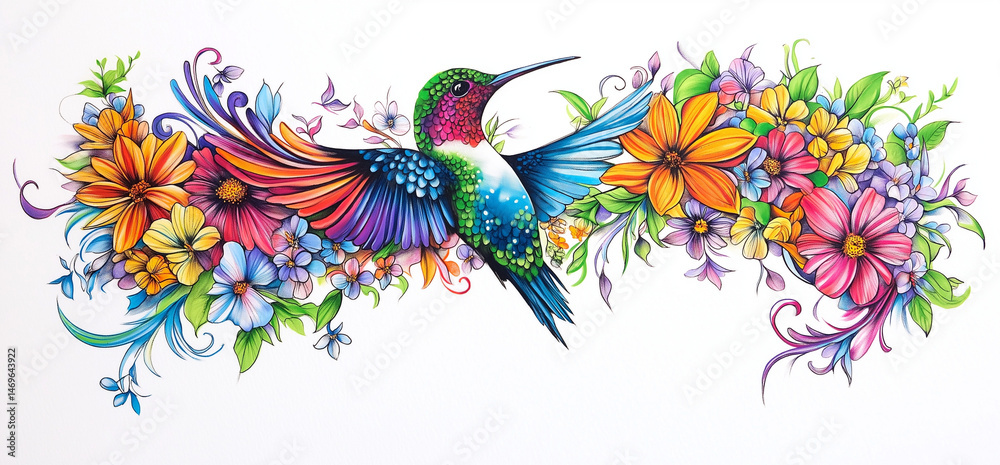 Obraz premium A colorful tattoo design of a hummingbird, surrounded by flowers, covering the full body.