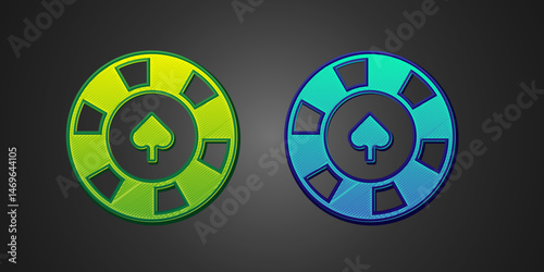 Green and blue Casino chips icon isolated on black background. Casino gambling. Vector