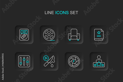 Set line Actor star, Camera shutter, Thriller movie, Sound mixer controller, Scenario, Cinema chair, Film reel and CD disk award frame icon. Vector