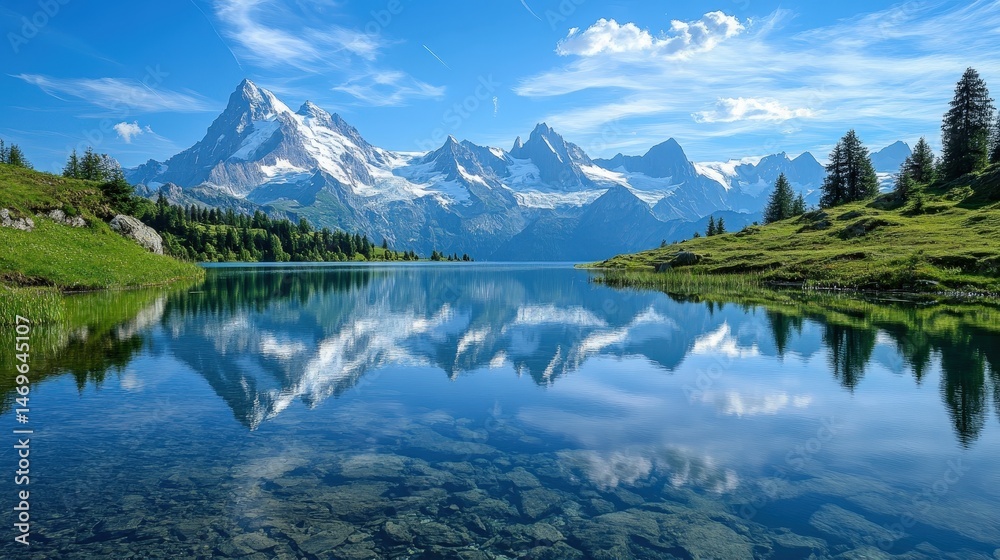 Fototapeta premium A crystal-clear alpine lake reflecting snow-capped peaks under a blue sky