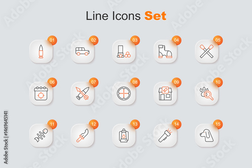Set line Hunting dog, Flashlight, Camping lantern, Hunter knife, Dead fish, Paw search, shop and Sniper optical sight icon. Vector