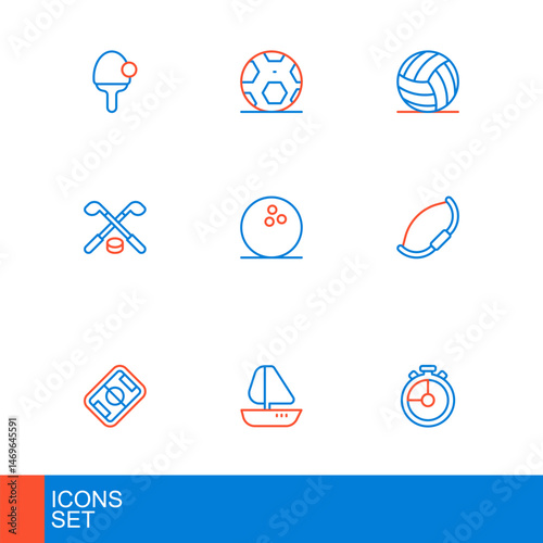 Set line Stopwatch, Yacht sailboat, Football field, Medieval bow, Ice hockey sticks and puck, Bowling, Volleyball and Soccer football icon. Vector