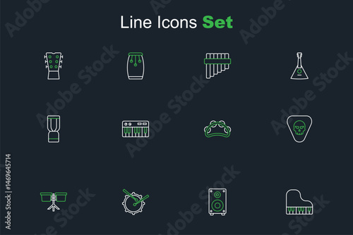 Set line Grand piano, Stereo speaker, Drum with drum sticks, Bongo, Guitar pick, Tambourine, Music synthesizer and African djembe icon. Vector