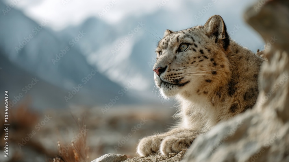Fototapeta premium Majestic snow leopard rests on rocky terrain, gazing at distant