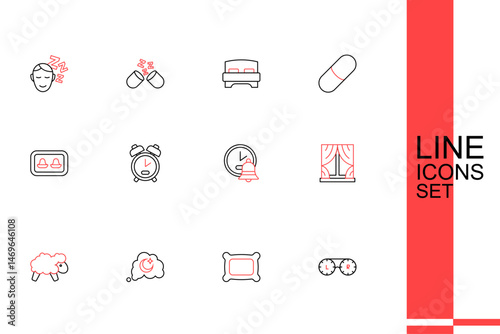Set line Contact lens container, Pillow, Dreams, Sheep, Window with curtains, Alarm clock, and Earplugs storage box icon. Vector