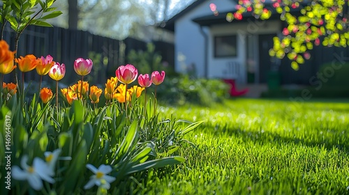 Modern Home with Green Lawn and Colorful Flower Garden in Front Yard