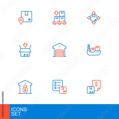 Set line Waybill, Verification of delivery list, Closed warehouse, Cargo ship with boxes, Carton cardboard, Warehouse, and Cardboard pallet icon. Vector