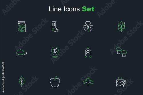 Set line Cup of tea, Canadian maple leaf, Apple, Leaf, Mushroom, Location with and Hedgehog icon. Vector