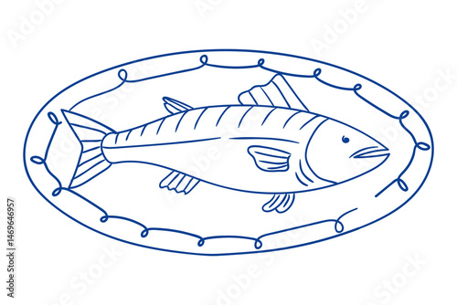 Illustration of a fish on a decorative plate in simplistic style with linear details