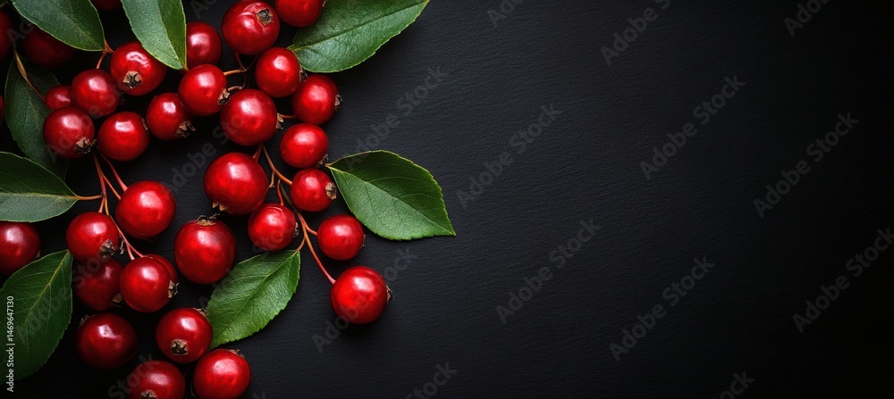 Fototapeta premium Close-up of vibrant red cranberries with green leaves on dark background symbolizing antioxidants and organic fruit health benefits 