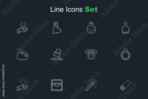 Set line Hand saw, Magic wand, Antique treasure chest, Ball levitating above hand, stone ring, hat, Game thimbles and Poison apple icon. Vector