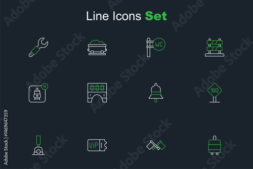 Set line Suitcase, Flag, Train ticket, Arrow for switching the railway, Speed limit traffic sign 100 km, station bell, Bridge train and Online booking icon. Vector