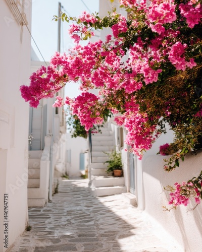 Fototapeta Naklejka Na Ścianę i Meble -  Charming alley adorned with vibrant pink flowers and sunlit ston
