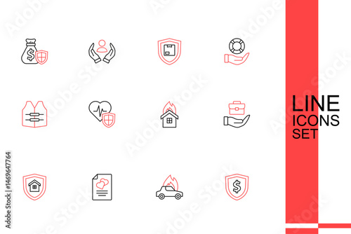 Set line Shield with dollar, Burning car, Marriage contract, House shield, Hand holding briefcase, Fire burning house, Life insurance and jacket icon. Vector