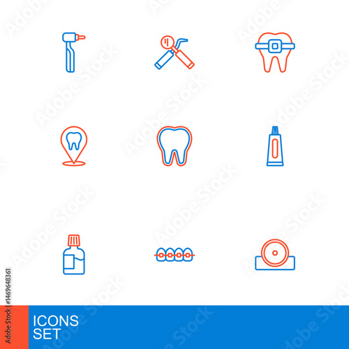 Set line Otolaryngological head reflector, Teeth with braces, Mouthwash, Tube of toothpaste, Dental clinic location, Tooth, and mirror and probe icon. Vector