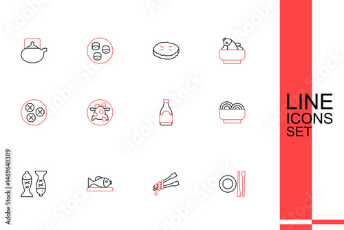 Set line Food chopsticks with plate, noodles, Served fish on, Asian in bowl, Soy sauce bottle, Kung Pao chicken and Wonton icon. Vector