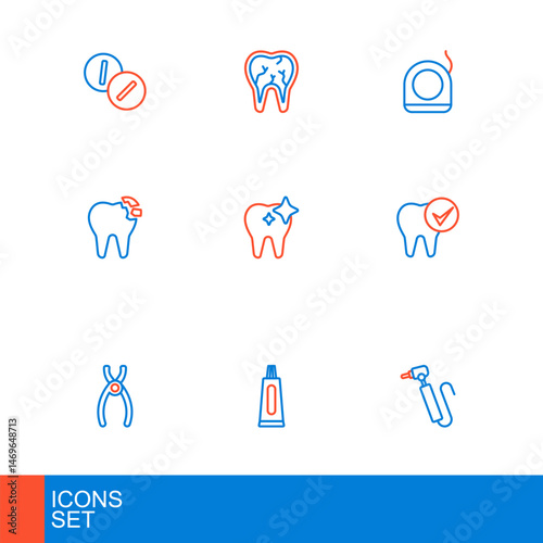 Set line Tooth drill, Tube of toothpaste, Dental pliers, Broken, whitening, floss and icon. Vector