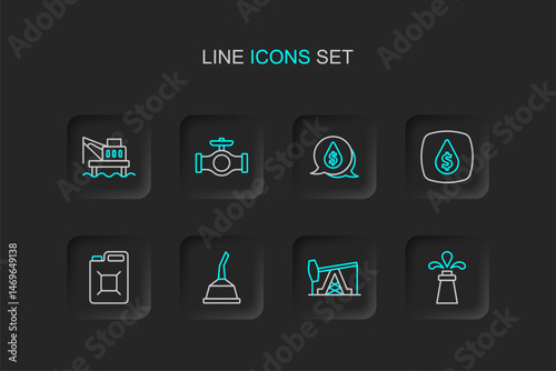 Set line Oil rig, pump or pump jack, Canister for motor machine oil, gasoline, drop with dollar symbol, pipe valve and platform the sea icon. Vector