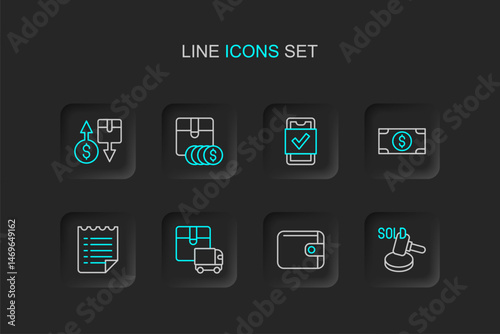 Set line Auction hammer, Wallet, Delivery cargo truck, Wish list template, Stacks paper money cash, Mobile shopping, Item price tag with dollar and Tax cardboard box icon. Vector