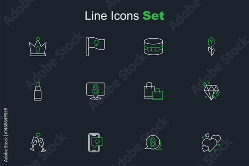 Set line Heart, 8 March in speech bubble, Mobile with heart, Glass of champagne, Diamond, Paper shopping bag, and Lipstick icon. Vector