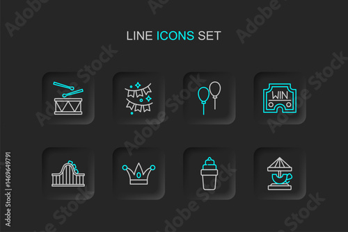 Set line Attraction carousel, Ice cream in waffle, Jester hat with bells, Roller coaster, Casino win, Balloons ribbon, Carnival garland flags and Drum drum sticks icon. Vector